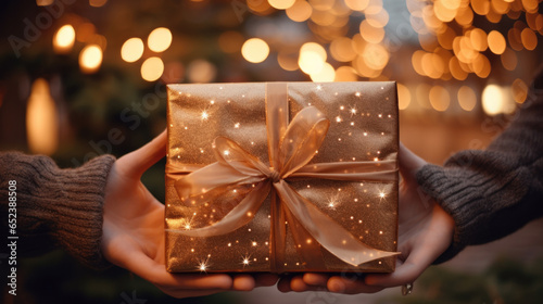 A woman holds a beautifully wrapped present at Christmas © jr-art