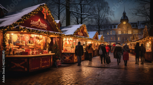 People walk through a Christmas market in winter