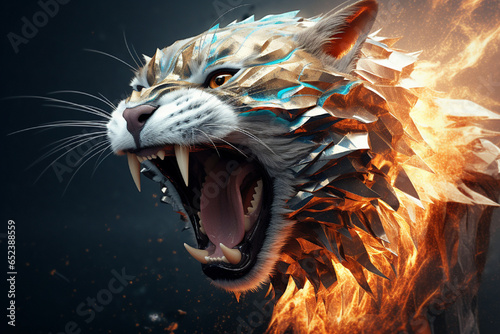 Angry Tiger Roaring with Fire and Smoke, AI Generative photo