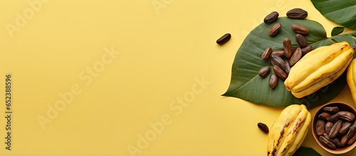Copy space with green and yellow cocoa pods containing sliced beans with space for text
