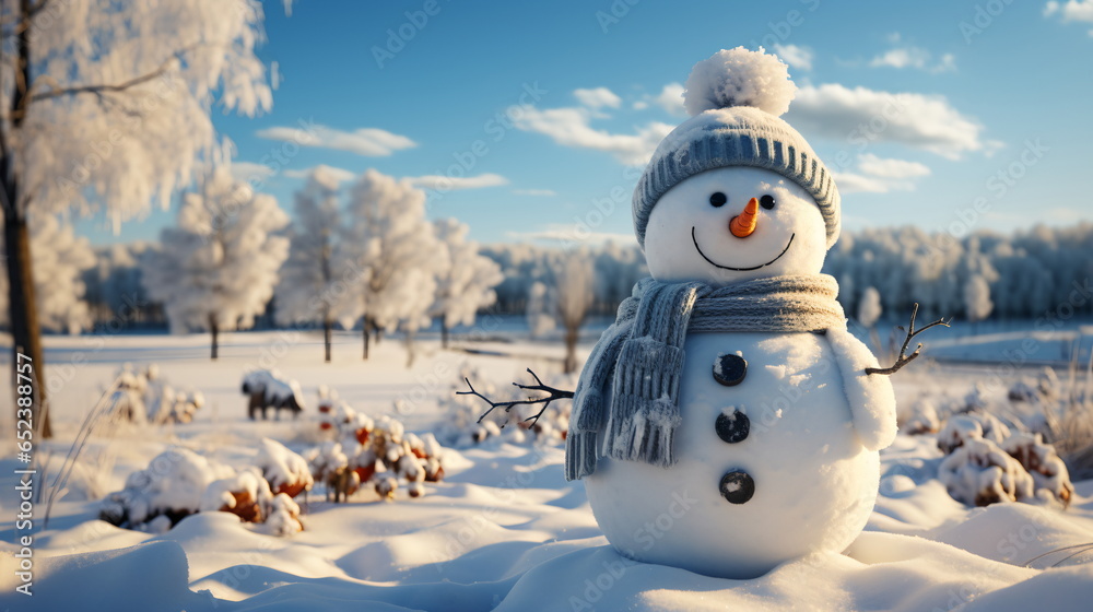 Obraz premium Happy smiling snow man on sunny winter day.