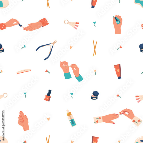 Chic And Trendy Seamless Pattern Adorned With Stylish Manicure Elements. Vibrant Nail Polish Bottles, Glittering Files