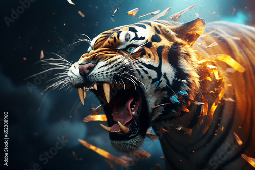 Angry Tiger Roaring with Fire and Smoke, AI Generative photo
