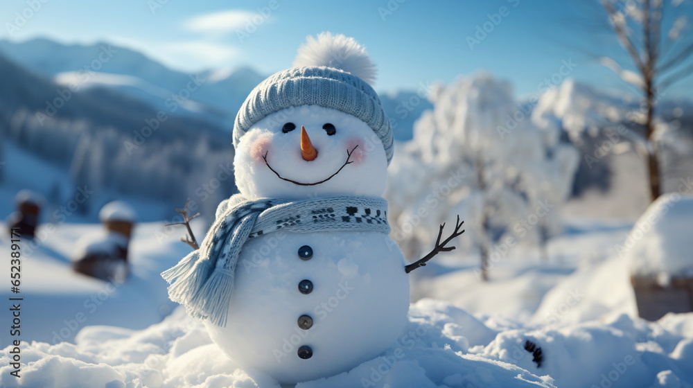 Obraz premium Happy smiling snow man on sunny winter day.