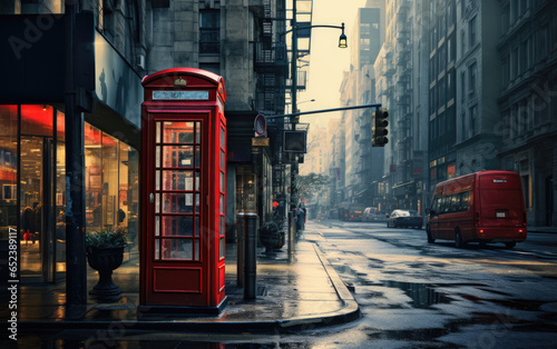 Red telephone box on the street in the city.