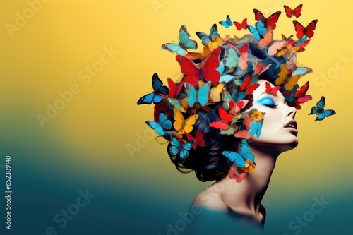 Beautiful, surrealist  studio portrait of a beautiful woman with colorful butterflies in her hair. © Henrry L