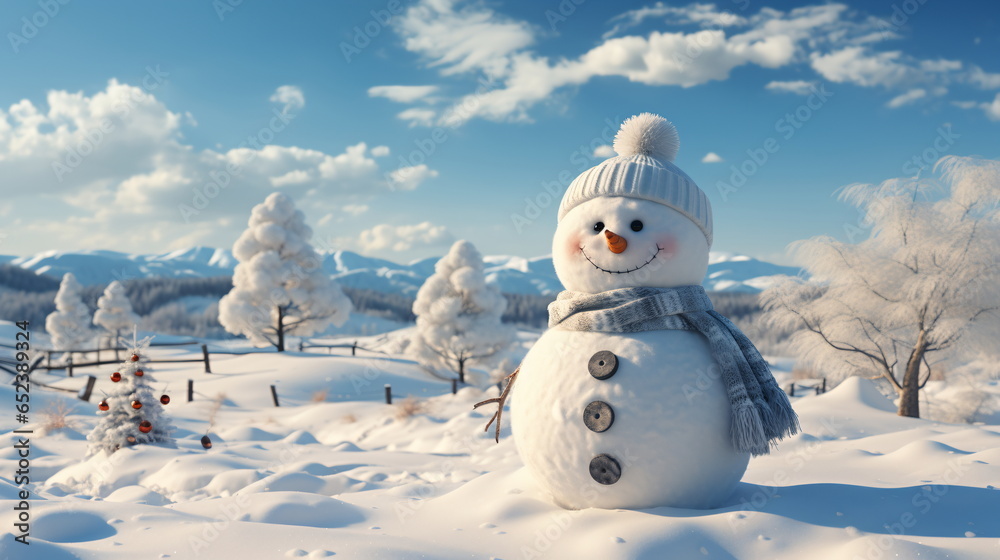 Obraz premium Happy smiling snow man on sunny winter day.