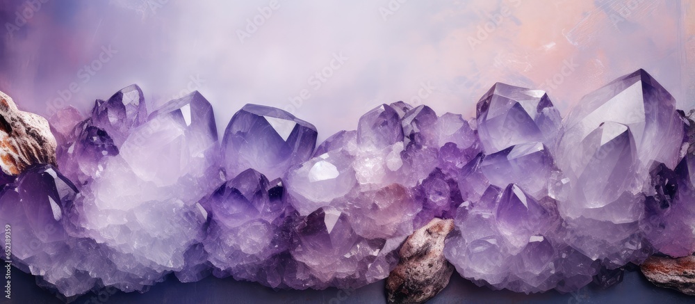 Macro amethyst quartz crystals purple and rough made of crystal stone isolated pastel background Copy space Macro amethyst quartz crystals purple and rough made of crystal stone isolated pastel background Copy space