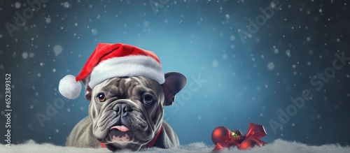 Blue nose pit bull dog wearing a Santa Claus hat alone in the dark awaiting Santas arrival isolated pastel background Copy space
