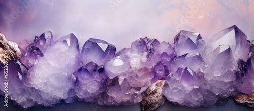 Macro amethyst quartz crystals purple and rough made of crystal stone isolated pastel background Copy space