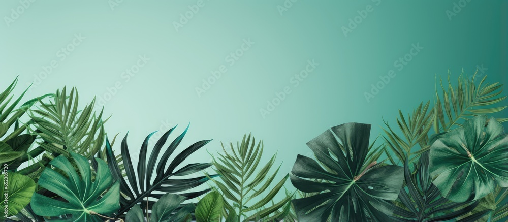 Tropical tree branches with leaves on black isolated pastel background Copy space for green foliage backdrop