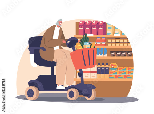 Independent Senior Woman Gracefully Navigating Her Wheelchair Scooter Through The Store Aisles, Making Purchases
