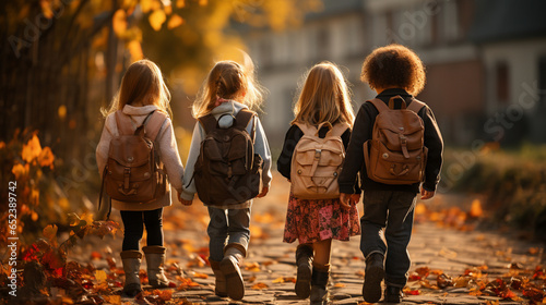 Kinder genießen den Herbstspaziergang zur Schule photo