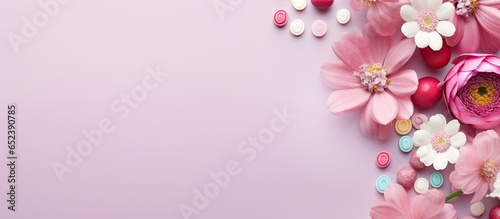 Isolated isolated pastel background Copy space with stylish pink nail polish adorned with flowers and candy in vibrant colors © vxnaghiyev