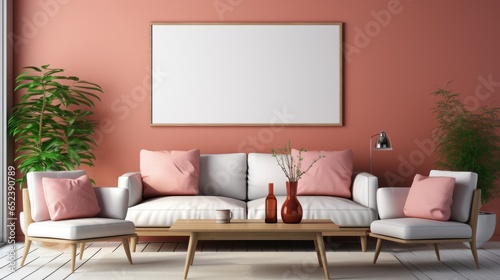 Mock up poster frame close up on wall Living Room  Mockups Design 3D  HD