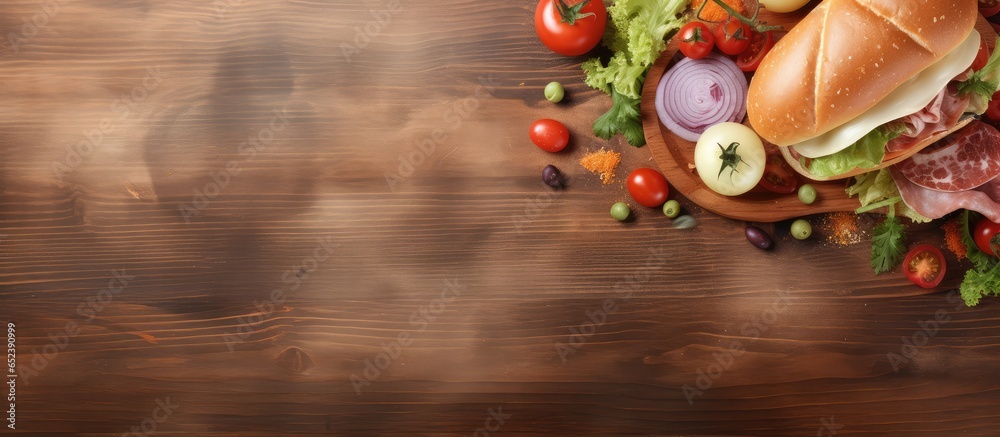 Vegetable and ham sandwich on a isolated pastel background Copy space presented on wooden board