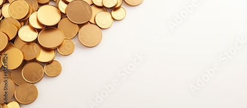 Gold coins stacked on isolated pastel background Copy space