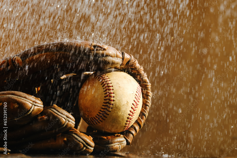 Rain game concept for baseball sport, copy space on background. Rain game concept for baseball sport, copy space on background.
