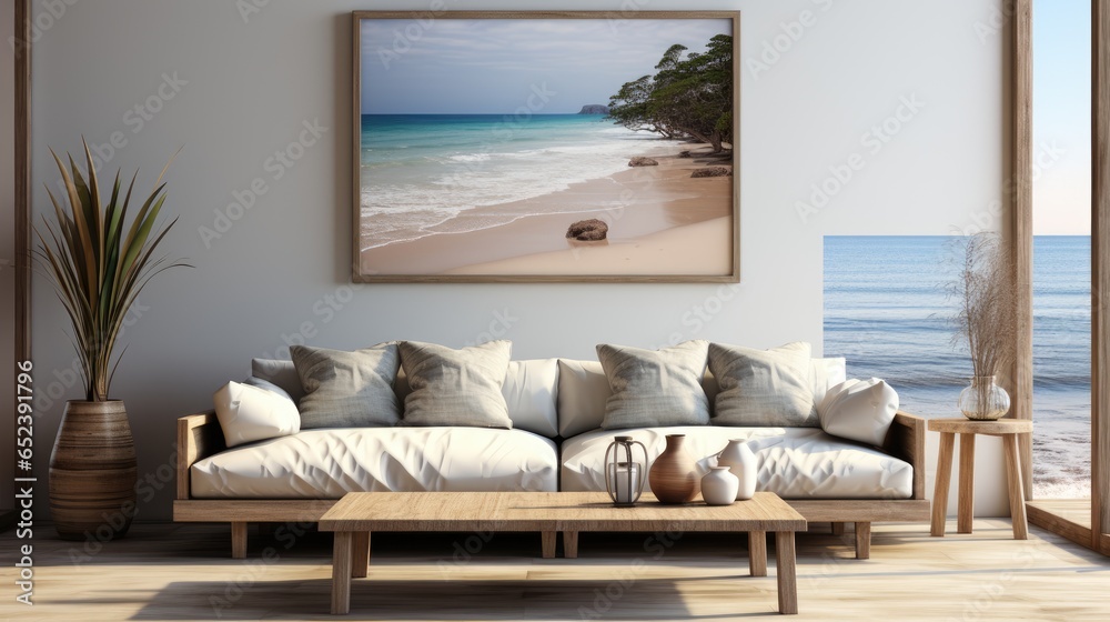 Fototapeta premium Mock up poster frame in Living Room Coastal-Inspired , Mockups Design 3D, HD