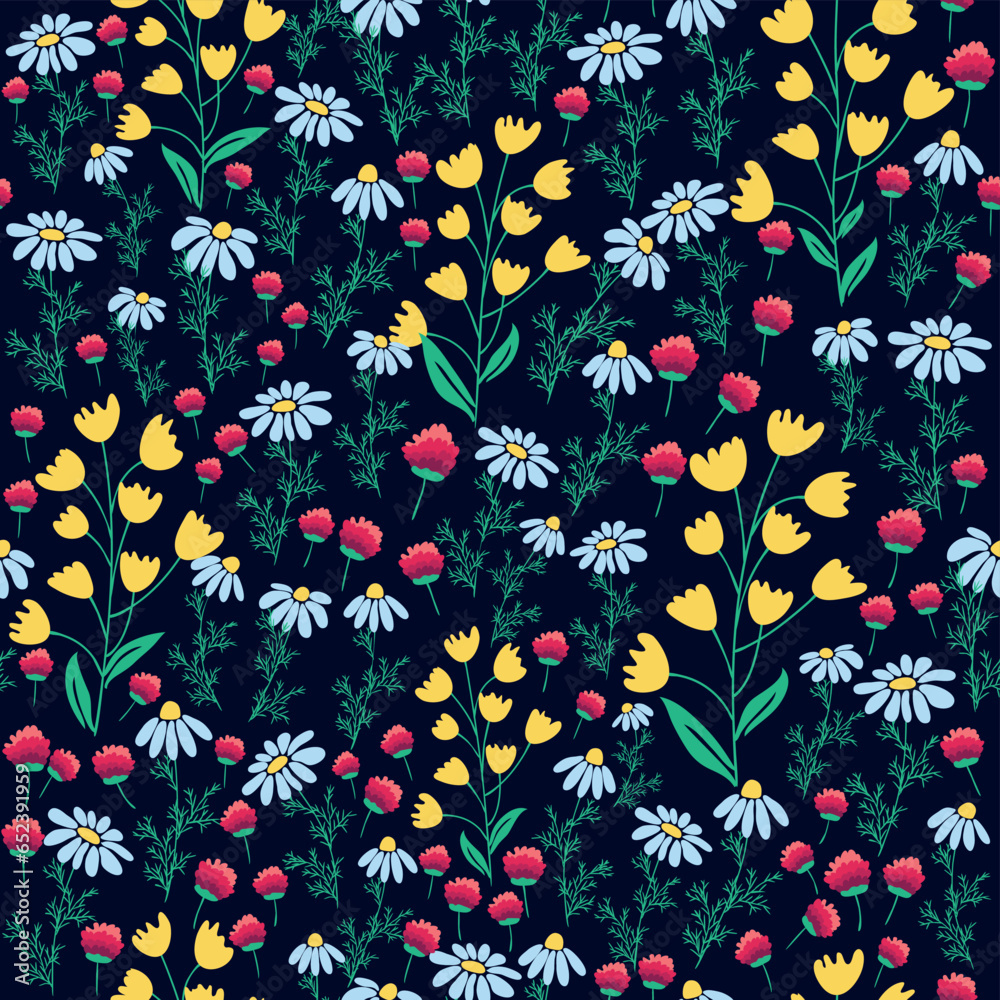 Floral seamless pattern. Daisies, lilies of the valley, clover, tulips, peonies, gritsiki, herbs. Print with small bright flowers, spring bouquet.