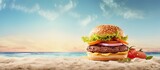 Burger in a scenic picture isolated pastel background Copy space