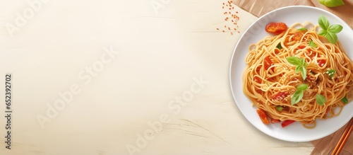 Top view of Asian food a dish with vegetable chowmein and honey chicken chili isolated on a isolated pastel background Copy space photo