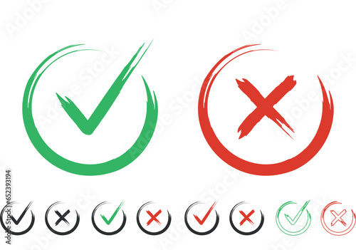 Grunge check marks, tick and cross brush signs isolated on white background