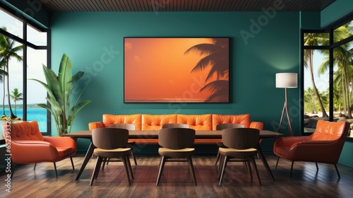 Mock up poster frame in Dining Room Tropical Resort in    Mockups Design 3D  HD