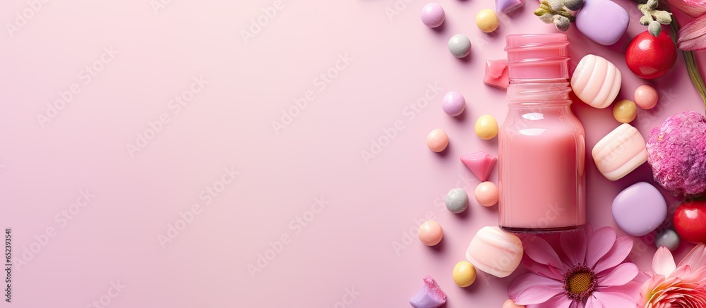 Isolated isolated pastel background Copy space with stylish pink nail polish adorned with flowers and candy in vibrant colors