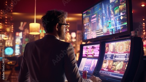 Someone playing online casino on their computer in a casino atmosphere on a green carpet