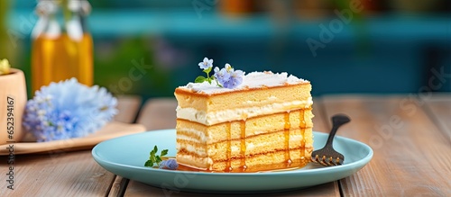 A piece of honey cake on a blue plate on a isolated pastel background Copy space in a restaurant background Tasty dessert