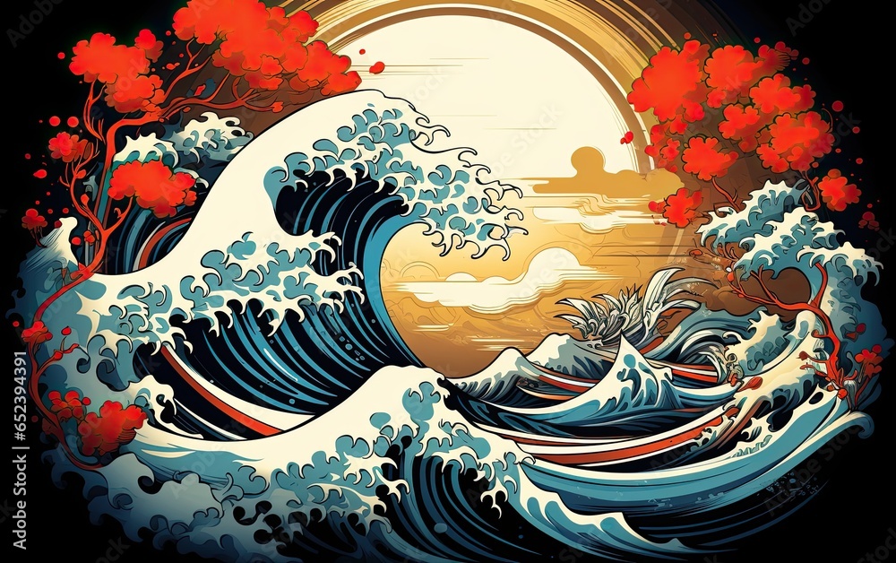 Japan style sea wave at the sunset background. 