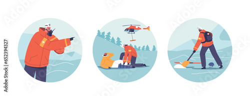 Isolated Round Icons With Scenes Of Dangers In Mountains. Rescuers Save Lives, Help To Injured Skier, Evacuate Victims