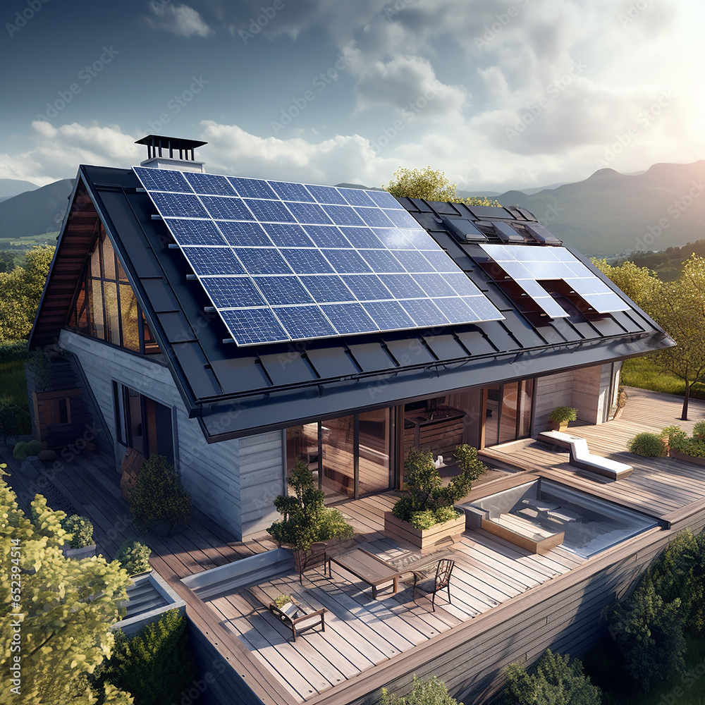 photorealistic image of a house with solar panels on the roof. green energy.