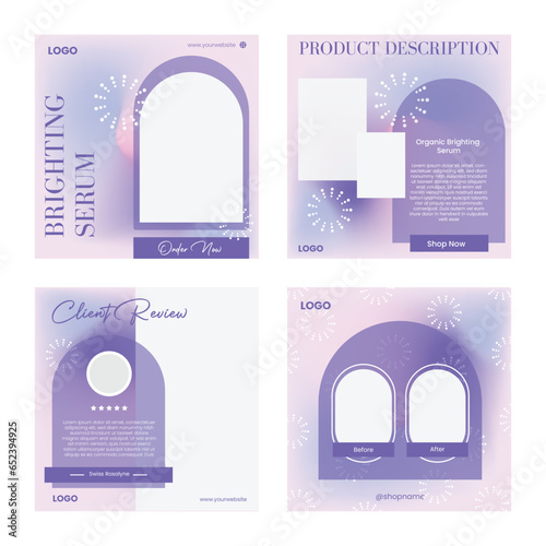 Modern minimalist fashion and beauty social media post and banners collection in a pastle purple color scheme, featuring sales promotions, product displays with photo isolation, and template design