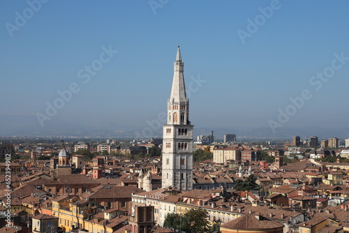 Ghirlandina tower (Garland), Modena, Emilia Romagna, Italy, Romanesque architecture, view of the tower overlooking the city of Modena