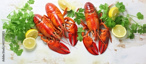 Three lobsters on a white t...