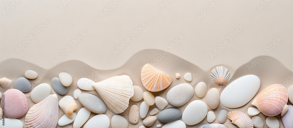 Texture and shells on a beach with white stones isolated pastel background Copy space - obrazy, fototapety, plakaty 