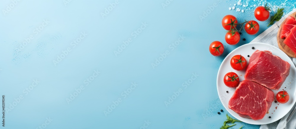 Serving of raw beef slices with onions and red peppers on a blue table isolated pastel background Copy space Serving of raw beef slices with onions and red peppers on a blue table isolated pastel background Copy space