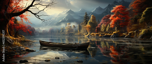 Boat in solitude, mist-covered lake, autumn trees, sunlit peaks, intense forest hues