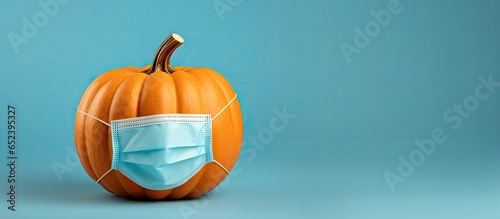 COVID19 Halloween pumpkin wearing a medical mask on isolated pastel background Copy space en background