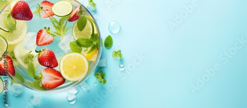 Healthy drink made with fresh vegetables and fruits including strawberry apple cucumber lemon and mint served in a glass bowl promoting a healthy lifestyle through food isolated pastel backgrou