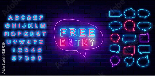 Free entry neon sign. Unpaid entrance for club. Welcome sign on brick wall. Shiny blue alphabet. Vector illustration