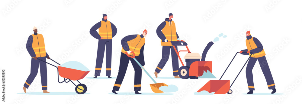 Professional Snow Cleaning Characters Team In Action, Clearing A Snow-covered Urban Street With Precision And Teamwork