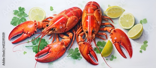 Three lobsters on a white t...