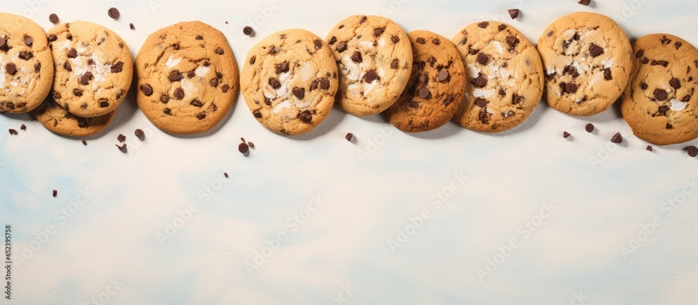 Chocolate cookies on a isolated pastel background Copy space seen from a close perspective