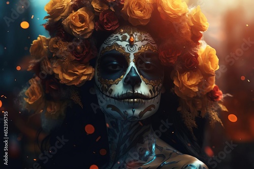 Intricate Sugar Skull Painting of Woman: Colorful Caricature and Floral Prints