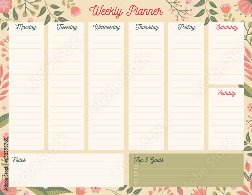 Weekly planner 7 days. Vector floral ornaments.