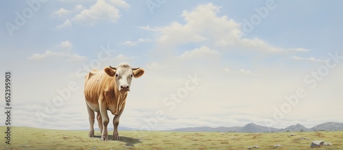 Solitary cow stands on hill in Utahs Eastern sky isolated pastel background Copy space photo