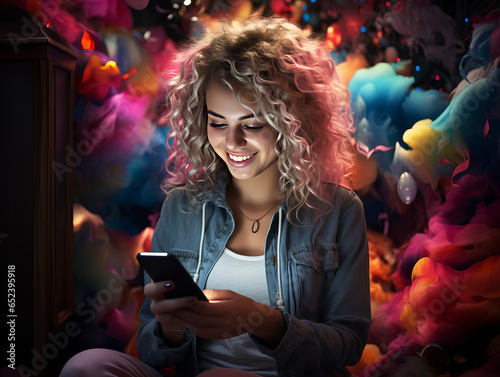 Radiant smile, closed eyes, bright joy. She gazes at her smartphone amidst vivid colors. Denim jacket, white shirt, and blond curls frame her happiness!